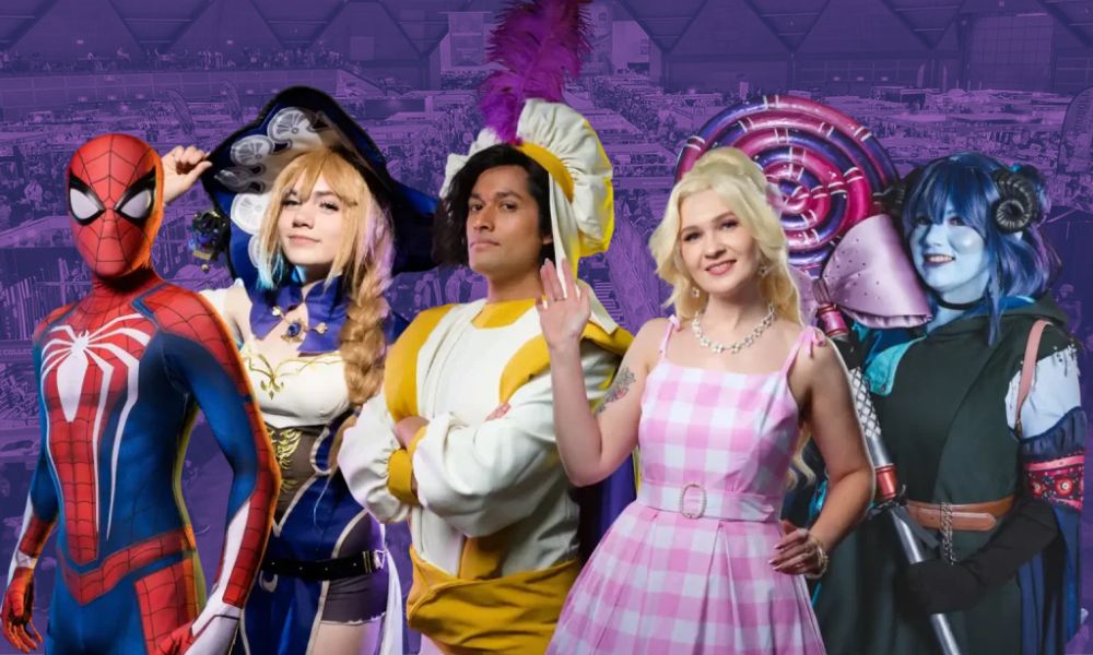 A group of cosplayers in colorful, detailed costumes pose against a purple convention hall backdrop, including a red-and-blue masked superhero, fantasy and sci-fi characters, and stylised outfits with bold accessories and makeup, representing the vibrant atmosphere of a pop culture convention.