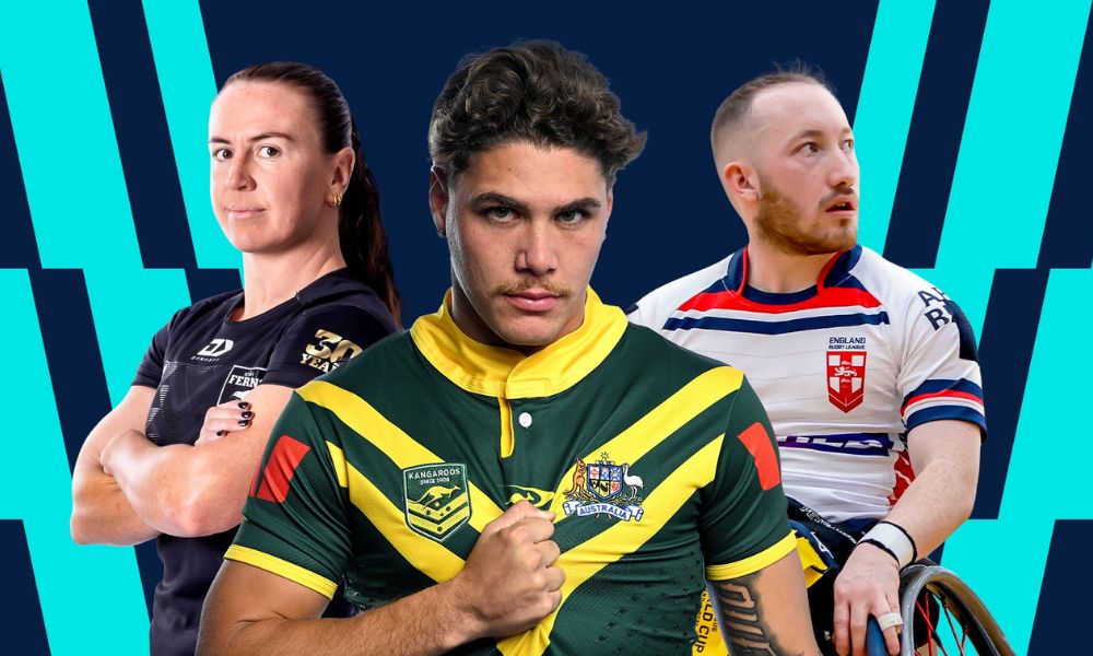 Three rugby athletes pose against a blue graphic background: an Australian player in a green-and-gold jersey at centre, flanked by a female athlete in black on the left and an England wheelchair rugby player in white on the right.